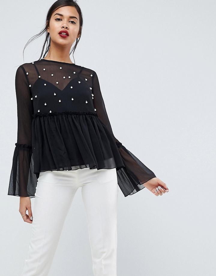 Asos Pearl Embellished Smock Top - Black
