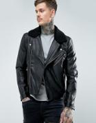 Asos Faux Leather Biker Jacket With Fleece Collar In Black - Black