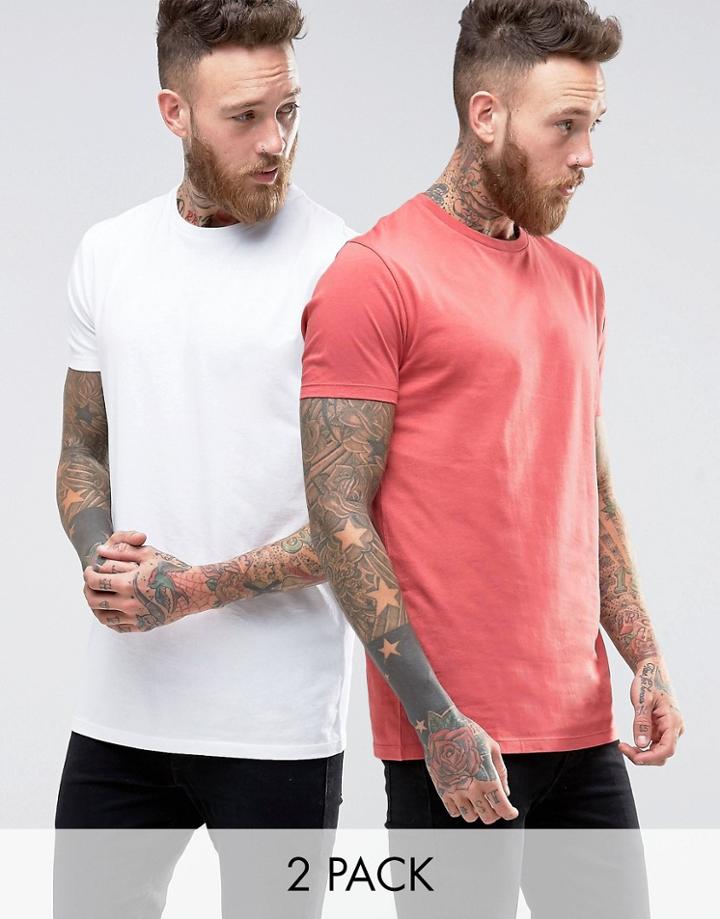 Asos 2 Pack Longline T-shirt In White/red Save - Multi