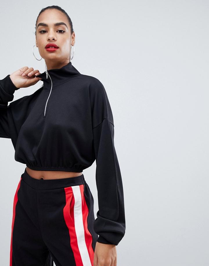 Prettylittlething Rib Zip Front Long Sleeve Sweater In Black - Black