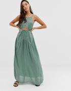 Asos Design Beach Maxi Dress In Crinkle With Strappy Waist Detail-green