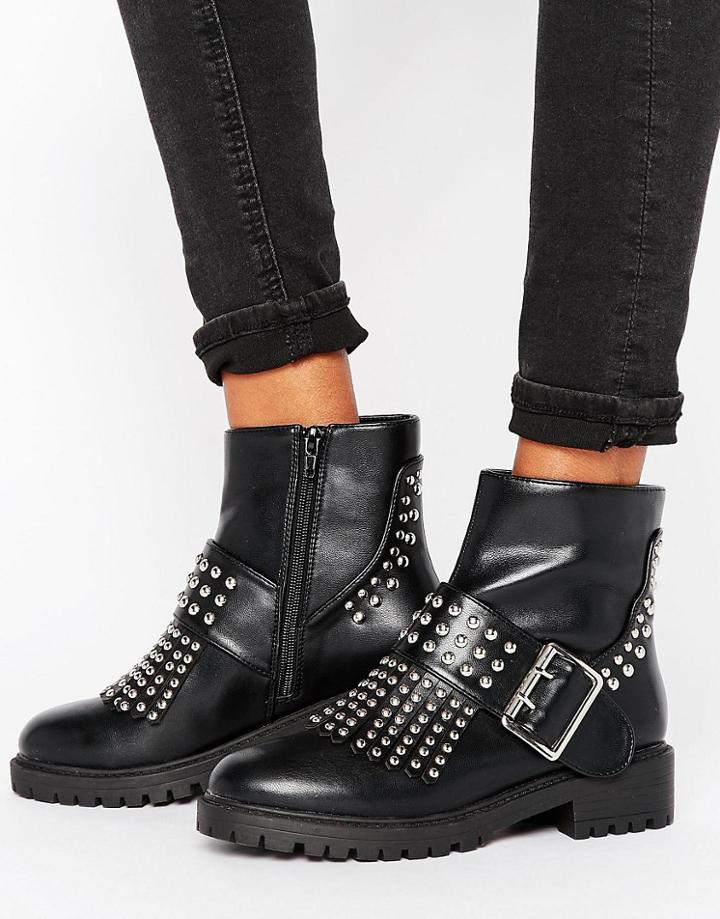 Missguided Fringe Stud And Buckle Biker Boot - Black