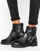 Missguided Fringe Stud And Buckle Biker Boot - Black