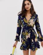 Parisian Cross Front Dress In Floral Print With Self Tie Belt - Navy