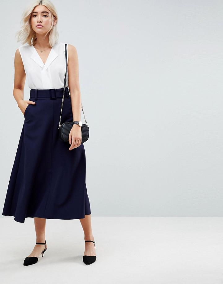 Asos Tailored Simple Midi Skirt With Selfbelt - Navy