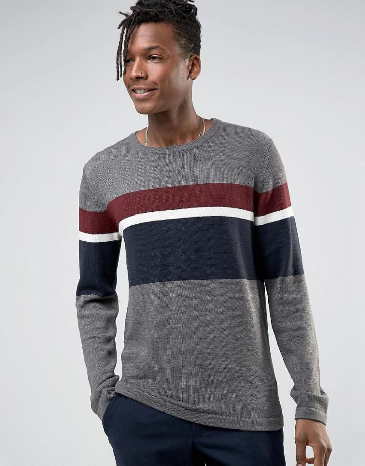Selected Homme Crew Neck Knitted Sweater With Stripe - Gray