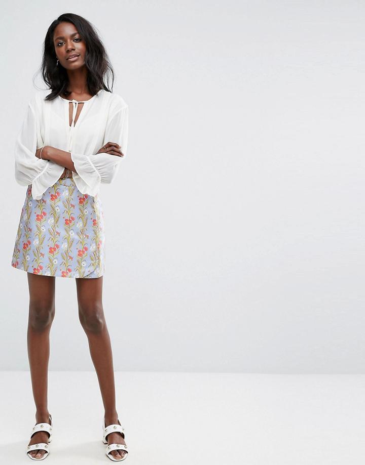 Oasis Poppy Print Jacquard Mini Skirt - Blue