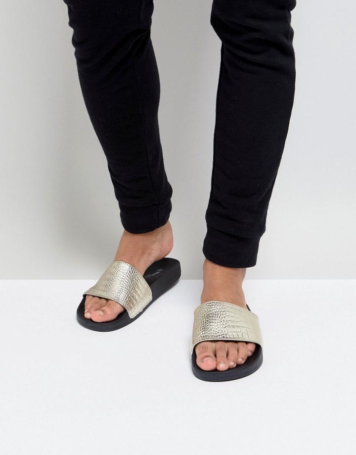 Brave Soul Croc Print Slider Flip Flops In Gold - Gold
