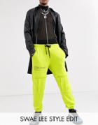 Asos Design Cargo Sweatpants In Washed Neon With Text Print-navy