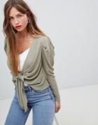 Asos Design Knot Front Blouse With Ruched Sleeve Detail - Green