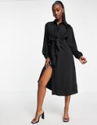 I Saw It First Woven Tie Front Midi Shirt Dress In Black