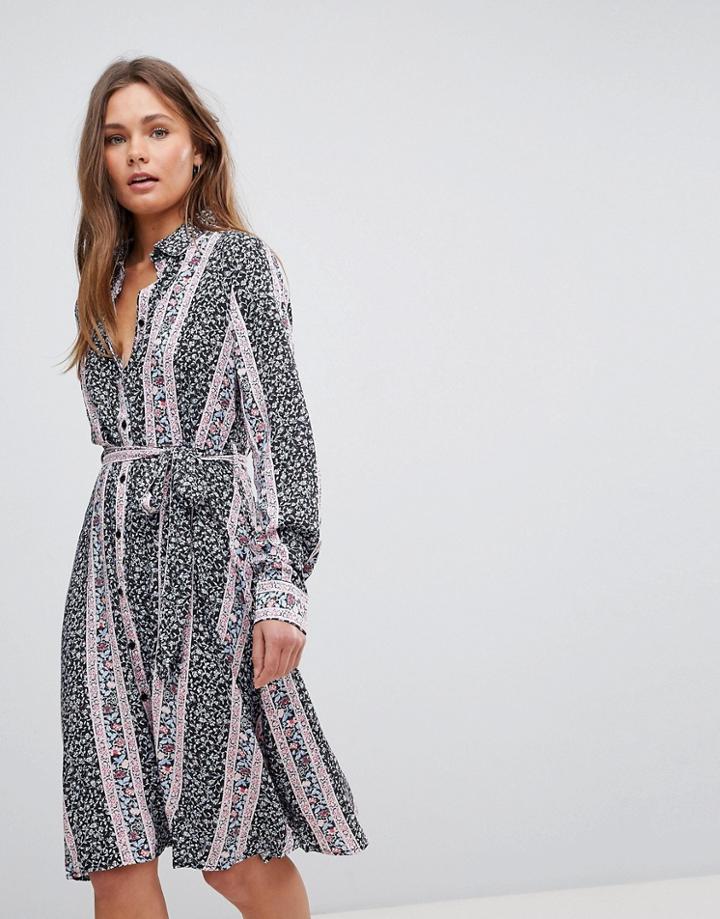 En Creme Long Sleeve Shirt Midi Dress With Waist Tie Belt - Black