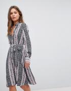 En Creme Long Sleeve Shirt Midi Dress With Waist Tie Belt - Black
