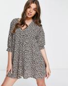 Asos Design V Neck Trapeze Mini Dress With Three Quarter Sleeve In Animal Print-multi