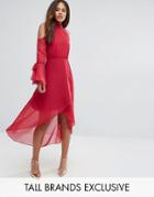 True Decadence Tall Premium Cold Shoulder Wrap Front Midi Dress With Fluted Sleeve Detail - Pink