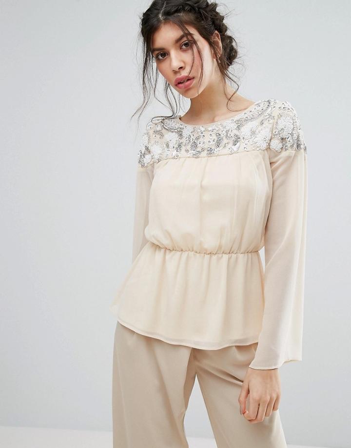 Maya Embellished Yoke Top With Fluted Sleeve - Cream