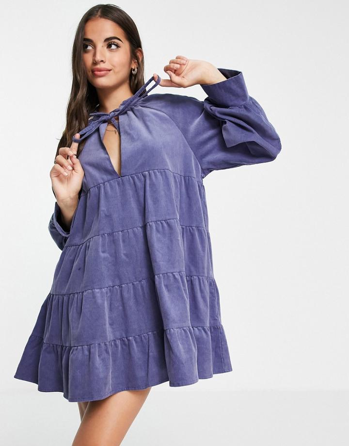 Asos Design Tiered Cord Mini Smock Dress In Blue-blues