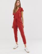 Asos Design Tie Waist V Neck Jumpsuit With Peg Leg - Brown