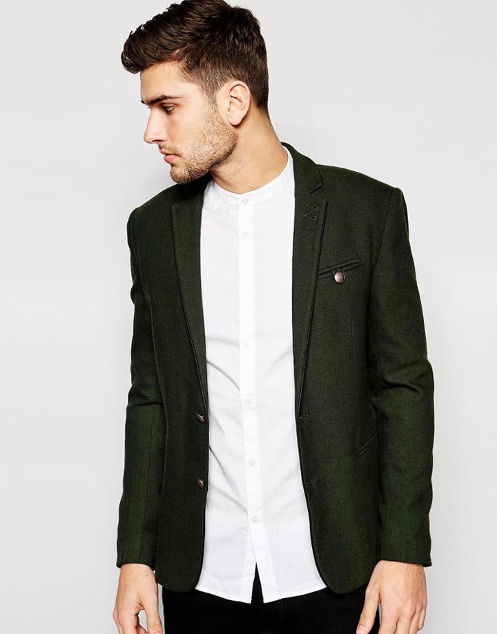 Asos Skinny Blazer With Pu Trim - Khaki