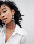 Asos Design Statement Faux Lapis Stone And Chain Tassel Earrings - Silver