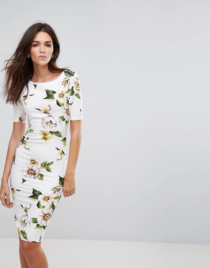Ax Paris Floral 3/4 Sleeve Pencil Dress - Cream