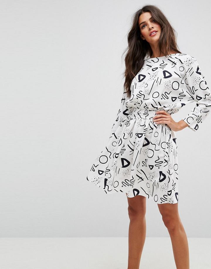 Asos Shirred Waist Mini Dress In Squiggle Print - Multi