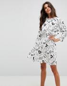 Asos Shirred Waist Mini Dress In Squiggle Print - Multi