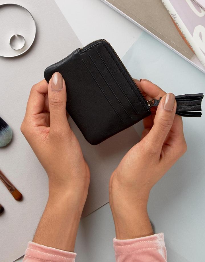 Asos Design Leather Coin Purse With Tassel - Black