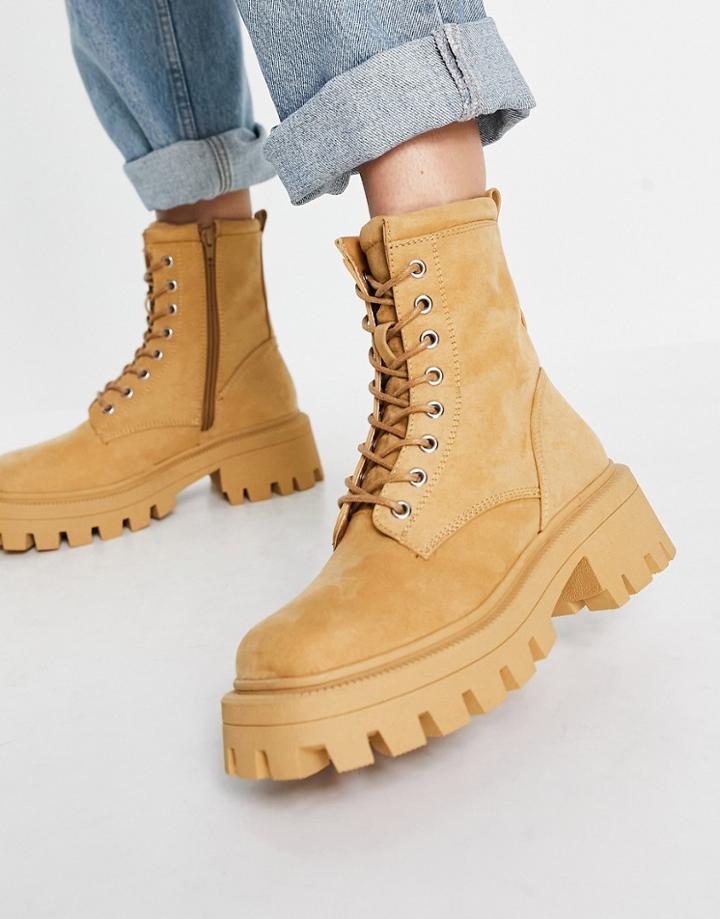 Asos Design Avid Extreme Square Toe Lace Up Boots In Beige-neutral