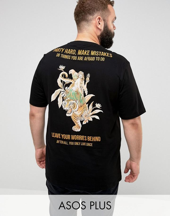 Asos Plus Longline T-shirt With Souvenir Print And Text Embroidery - Black