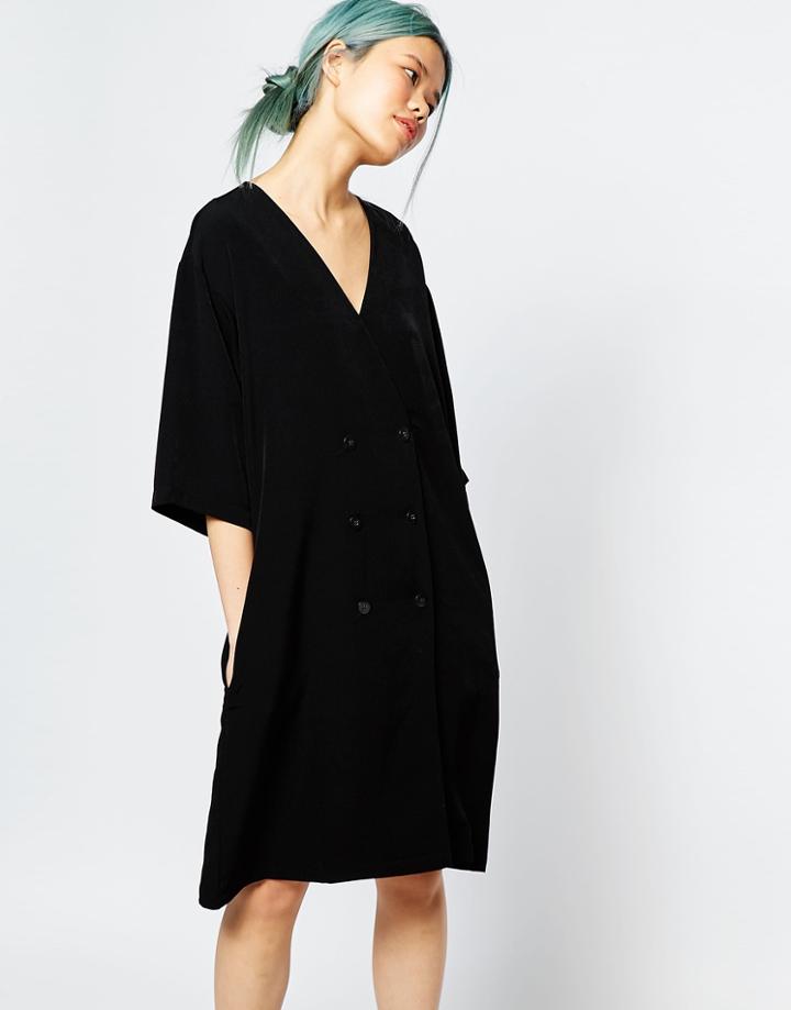 Monki V-neck Double Breasted Tunic Dress - Black