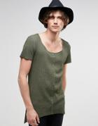 Asos Super Longline Muscle T-shirt In Waffle Acid Wash With Pointed Hem - Green
