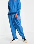 Asos Daysocial Relaxed Sweatpants In Polar Fleece With Logo Print In Blue - Part Of A Set-blues