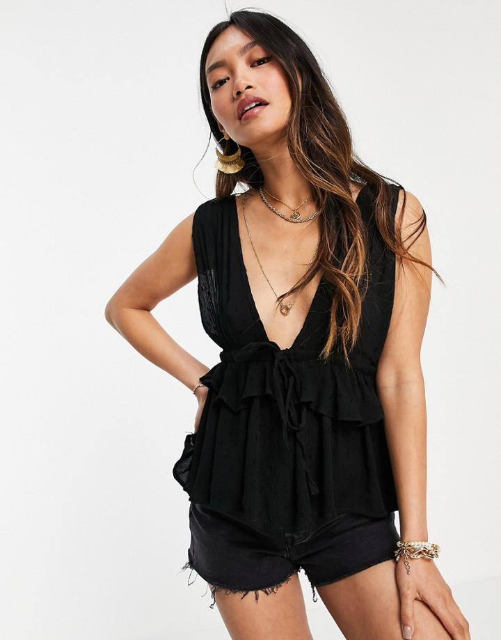 Asos Design Deep V-neck Sun Top With Peplum Hem And Tie Waist In Black