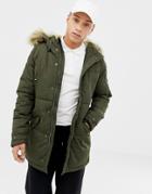 Schott Lincoln 18x Quilted Hooded Parka Jacket Detachable Faux Fur Trim Slim Fit In Green - Green