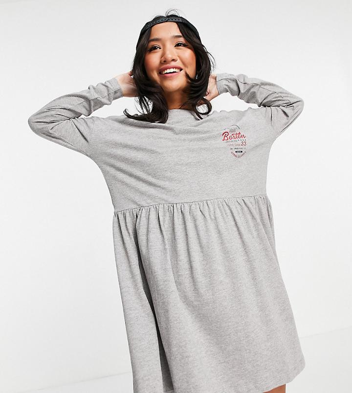 Noisy May Petite Jersey Smock Dress With Collegiate Motif In Gray Heather-grey