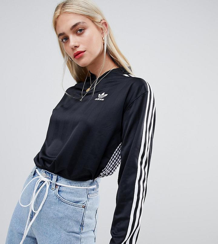 Adidas Originals Three Stripe Long Sleeve T-shirt In Black With Gingham Print Back - Black