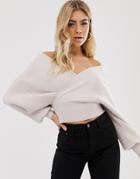 Parallel Lines Off Shoulder Wrap Front Sweater In Blush-beige