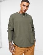 Asos Design Oversized Long Sleeve Brushed T-shirt With Seam In Khaki-green