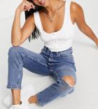 Stradivarius Stretch Flare Jeans With Slit Hem In Medium Blue-blues