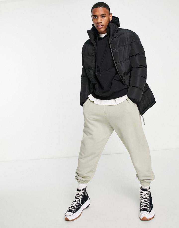 Threadbare Mid Length Funnel Neck Puffer Jacket In Black
