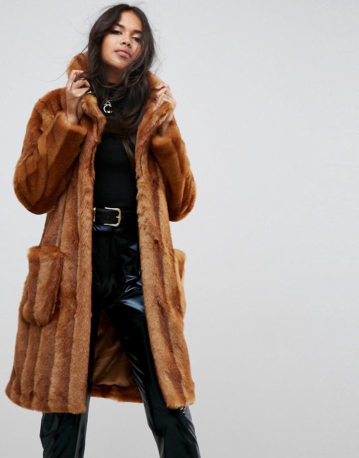 Asos Faux Fur Midi Coat - Brown