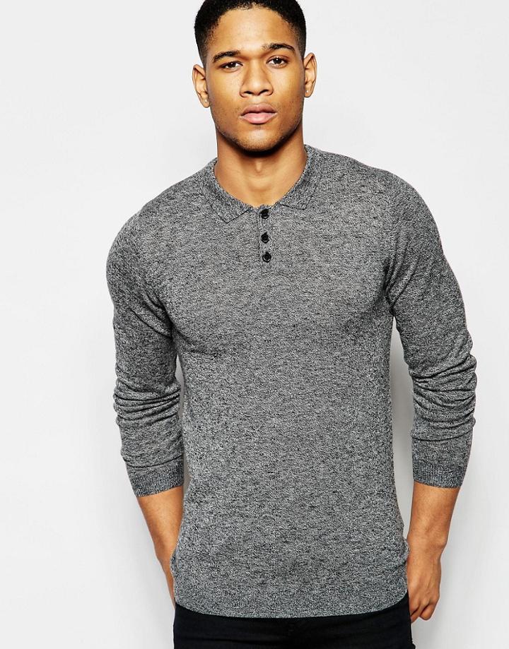 Asos Merino Wool Muscle Fit Long Sleeve Polo - Gray