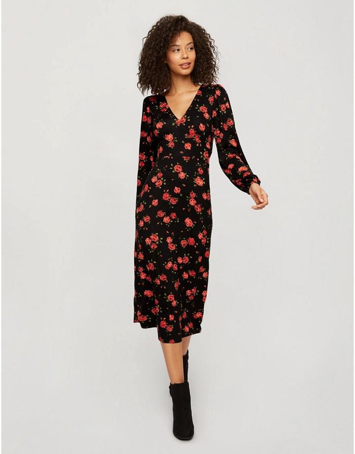 Miss Selfridge Rose Print Midi Dress In Black