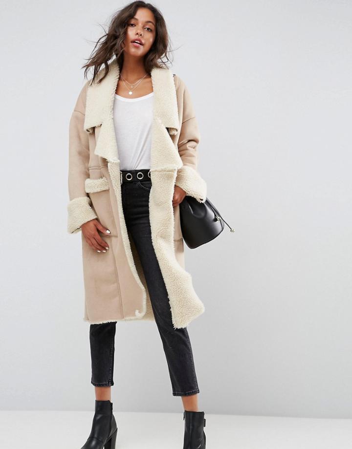 Asos Waterfall Bonded Borg Coat - Pink