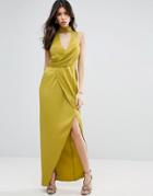 Asos Halter Asymmetric Strap Drape Front Maxi Dress - Green