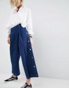 Asos White Wide Leg Jean With Button Detail In Mid Blue Wash - Blue