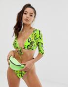 Asos Design Mix And Match Long Sleeve Tie Front Bikini Top In Neon Snake Print - Multi