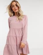 Missguided Tiered Smock Dress With Long Sleeves In Blush-pink