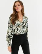 Influence Button Front Satin Blouse In Abstract Leopard Print - Multi